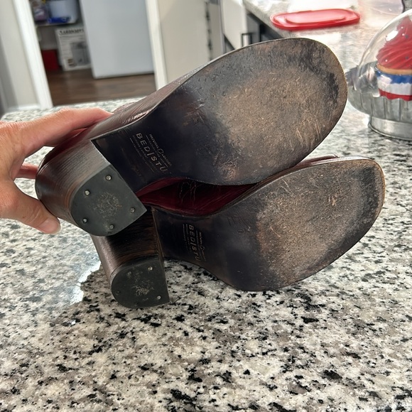Bed Stu Onset Bootie Womens Size 9 Burgundy Leather Open Toe Block Heel Rustic - Picture 5 of 10